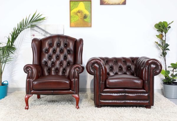 GENUINE LEATHER CHESTERFIELD TUB & WING CHAIR