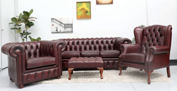 Stunning Chesterfield 3 Seater Sofa, Chairs and Stool(4 PC)