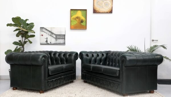 GENUINE LEATHER GREEN CHESTERFIELD 3 & 2 SEATER SOFA