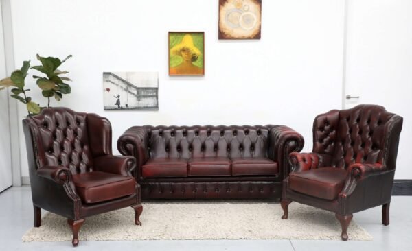 GENUINE LEATHER CHESTERFIELD 3 SEATER SOFA AND WING CHAIRS