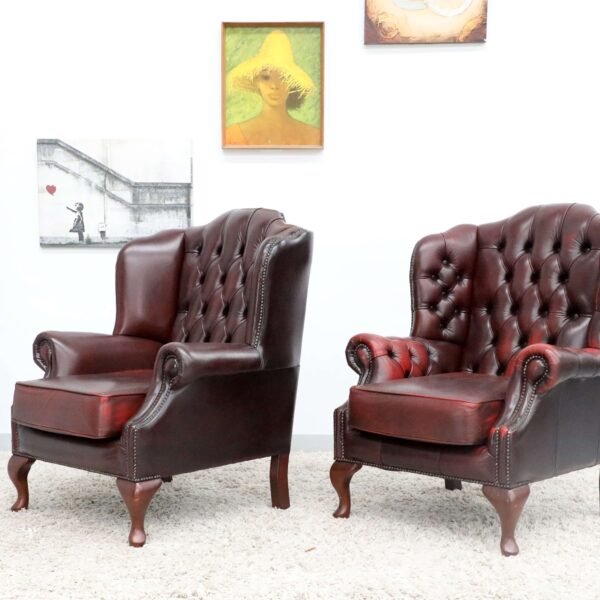 GENUINE LEATHER CHESTERFIELD 3 SEATER SOFA AND WING CHAIRS - Image 43