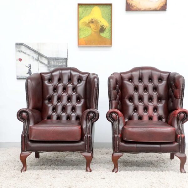 GENUINE LEATHER CHESTERFIELD 3 SEATER SOFA AND WING CHAIRS - Image 23
