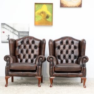 GENUINE LEATHER CHESTERFIELD WING CHAIRS