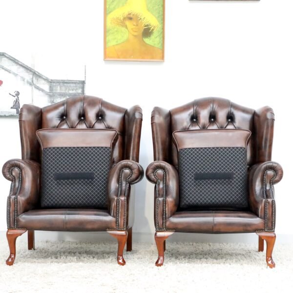GENUINE LEATHER CHESTERFIELD WING CHAIRS - Image 11
