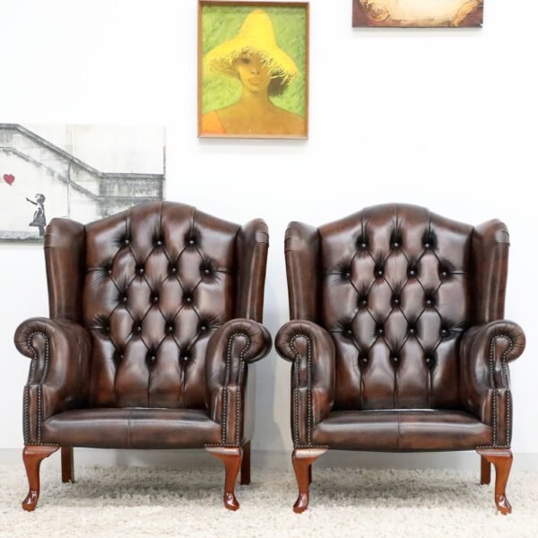 GENUINE LEATHER CHESTERFIELD WING CHAIRS - Image 12