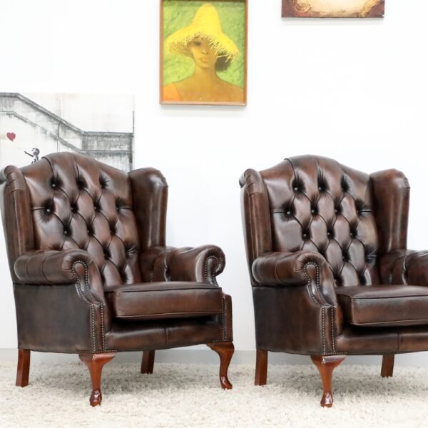GENUINE LEATHER CHESTERFIELD WING CHAIRS - Image 13