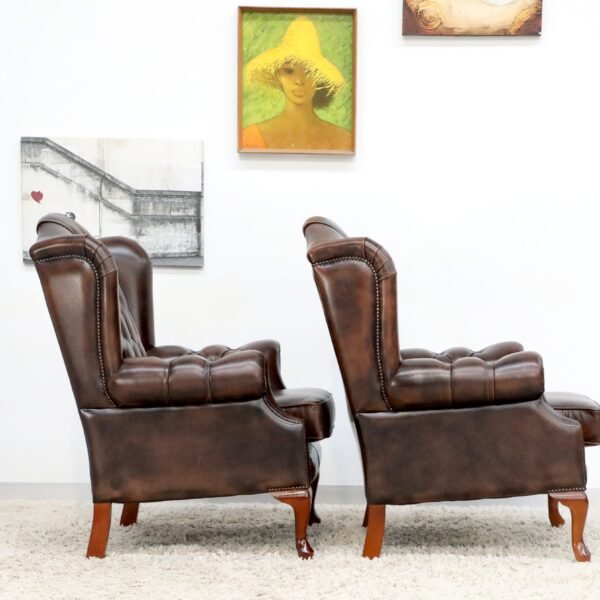 GENUINE LEATHER CHESTERFIELD WING CHAIRS - Image 14