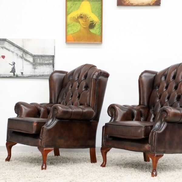 GENUINE LEATHER CHESTERFIELD WING CHAIRS - Image 19