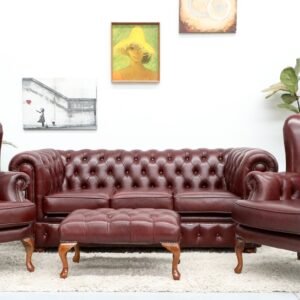 GENUINE CHESTERFIELD 3 SEATER SOFA,CHAIRS AND STOOL(4PC)