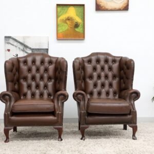 GENUINE LEATHER BROWN CHESTERFIELD WING CHAIRS