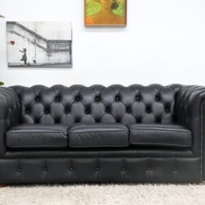 GENUINE LEATHER BLACK CHESTERFIELD 3 SEATER SOFA
