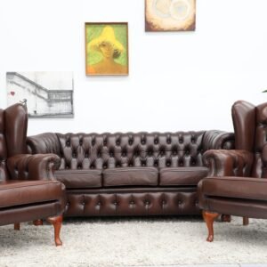 GENUINE LEATHER BROWN CHESTERFIELD 3 SEATER SOFA AND WINGCHAIRS(3 PC)