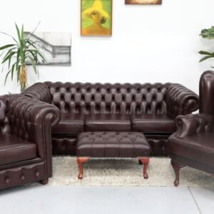 Genuine Chesterfield 3 Seater Sofa,Chairs and Stool (4 PC)