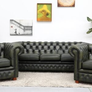 Genuine Leather Chesterfield 3 Seater Sofa and Armchairs